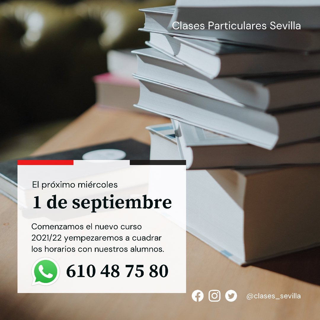 A partir del miércoles 1 𝐝𝐞 𝐬𝐞𝐩𝐭𝐢𝐞𝐦𝐛𝐫𝐞, damos comienzo al 𝐧𝐮𝐞𝐯𝐨 𝐜𝐮𝐫𝐬𝐨 y abrimos agenda.

Nuestros profes os esperan.

Y con @andaluciaclases en versión #online.