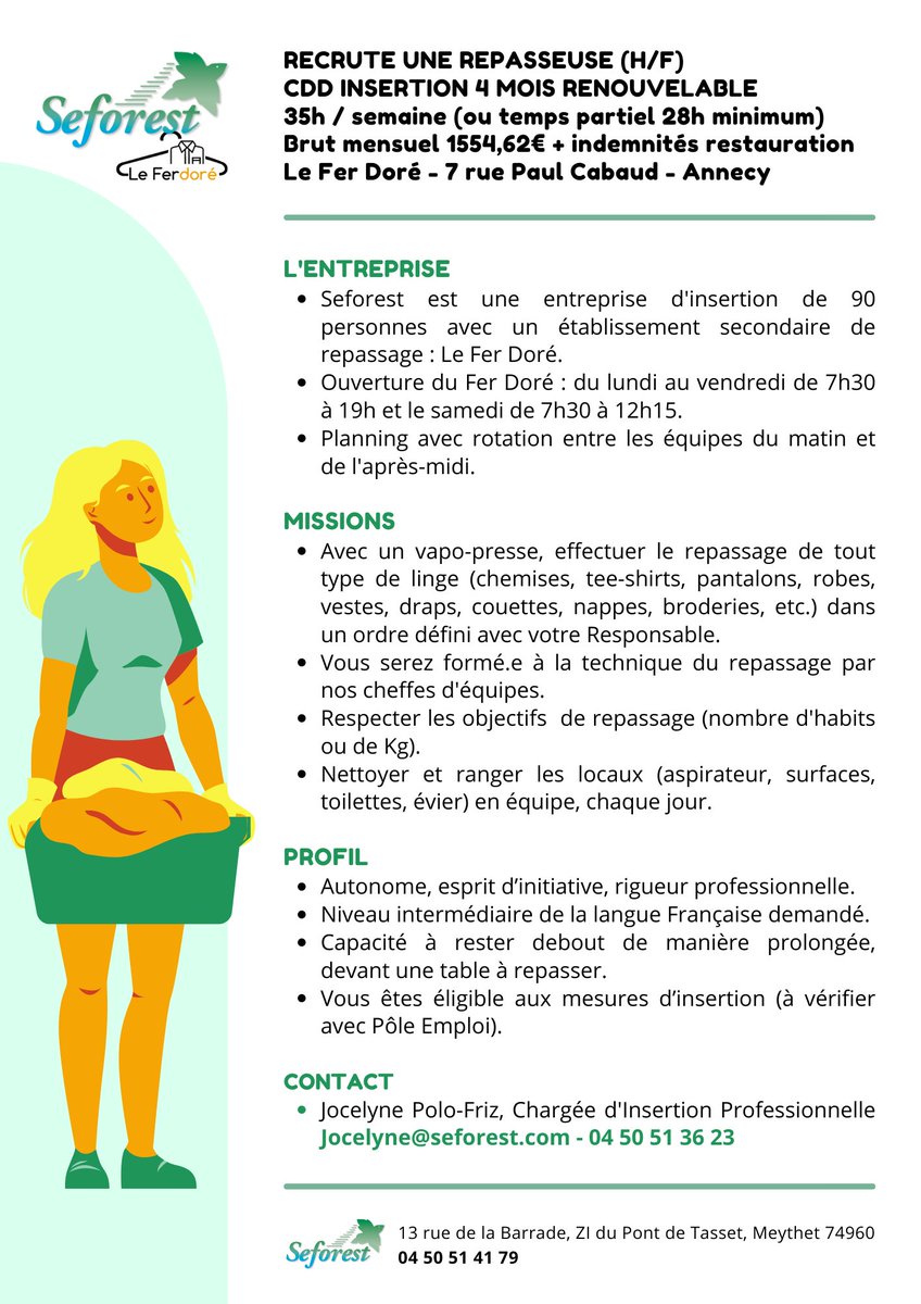 SEFOREST's tweet photo. #SEFOREST recrute pour son établissement secondaire @Fer_Dore_Annecy #insertion #emploi #annecy #repassage #Recrutement https://t.co/TgafcBKYlr