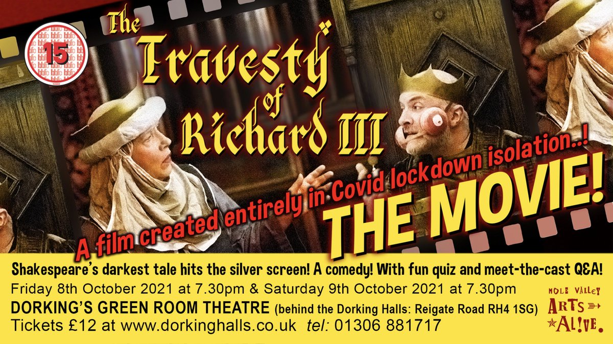 The Travesty of Richard III: THE MOVIE! Now booking for 8/9th Oct for <a href="/ArtsAliveMV/">MV Arts Alive</a>. Dorking's Green Room Theatre. Quiz, film &amp; actor/writers' Q&amp;A. Meet Queen Liz and Queen Mags too!
Details, trailer and booking: bit.ly/3Bfyp3Y
<a href="/DDOSDorking/">DDOS</a> <a href="/DorkingHalls/">Dorking Halls 🍿🎭</a> <a href="/TheCConspiracy/">TheCultureConspiracy</a>