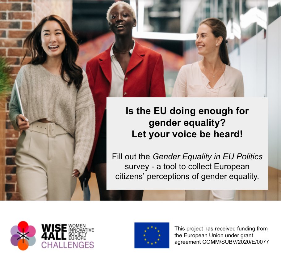 AllWise4's tweet image. The #WISE4CHALLENGES project aims to reinforce the participation of #women in EU policies. By analyzing the responses received to our #GenderEquality Survey, @libera_annclm will define a series of guidelines 
FILL OUT THE SURVEY:docs.google.com/forms/d/e/1FAI…