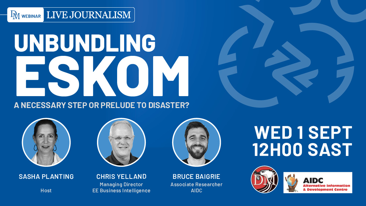 “Unbundling Eskom: A necessary step or prelude to disaster” 
Join <a href="/AIDC_ZA/">Alternative Information and Development Centre</a> and <a href="/dailymaverick/">Daily Maverick</a> on the 1st of September for this exciting webinar with Sasha Planting, <a href="/chrisyelland/">Chris Yelland</a> and Bruce Baigrie
buff.ly/2V3KCcE