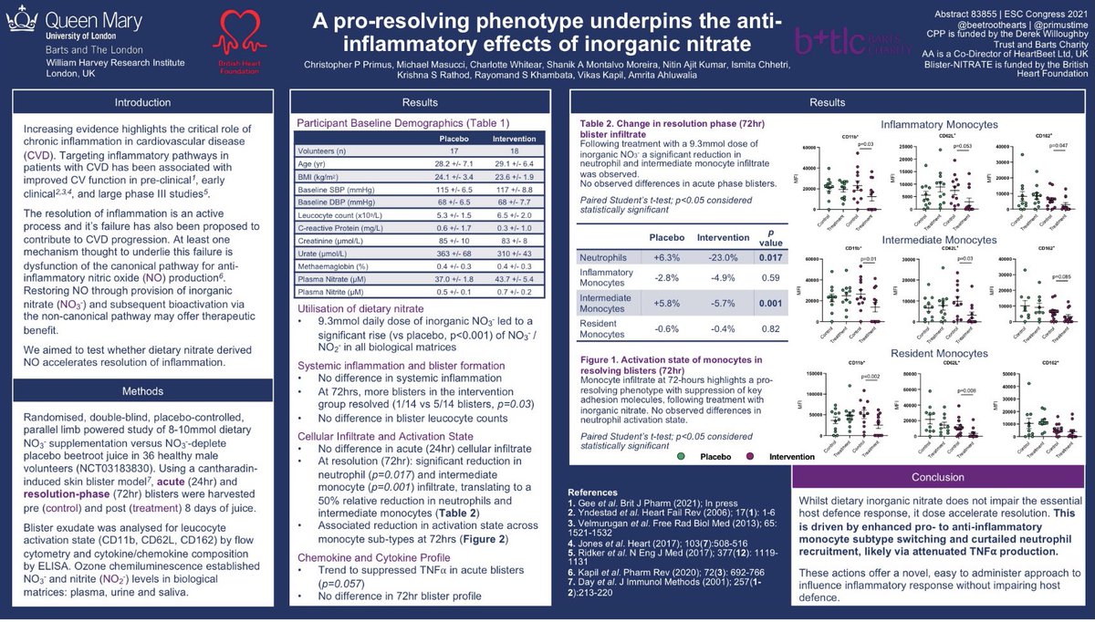 Understanding the anti-inflammatory mechanism of #inorganicnitrate derived #nitricoxide with <a href="/ProfAhluwalia/">Prof Ahluwalia Lab</a> Not possible without support from <a href="/TheBHF/">British Heart Foundation</a> and <a href="/Barts_Charity/">Barts Charity</a> Now, to improve outcomes in #heartfailure <a href="/BeetrootHearts/">Beetroot: Fighting Heart Disease</a>? <a href="/ESC_Journals/">European Society of Cardiology Journals</a> #ESCCongress bit.ly/3jpGpt5