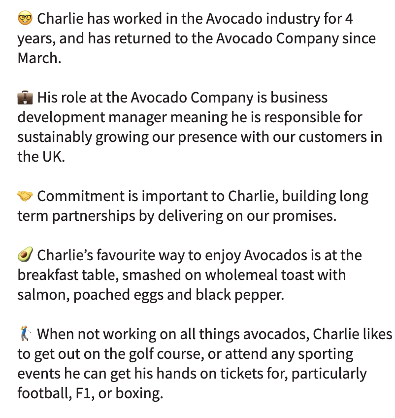 The Avocado Company UK (@avocado_company) on Twitter photo Meet Charlie ๐จโ๐ป๐๏ธโโ๏ธ๐๐ฅ
๐งIf you would like to get hold of Charlie please email him on hello@theavocadocompany.co.uk.
-
#meettheteam #behindthescenes #bts #facestonames #team #theavocadocompany #headoffice #superheroes #foodheroes #meettheteammonday Meet Charlie ๐จโ๐ป๐๏ธโโ๏ธ๐๐ฅ
๐งIf you would like to get hold of Charlie please email him on hello@theavocadocompany.co.uk.
-
#meettheteam #behindthescenes #bts #facestonames #team #theavocadocompany #headoffice #superheroes #foodheroes #meettheteammonday