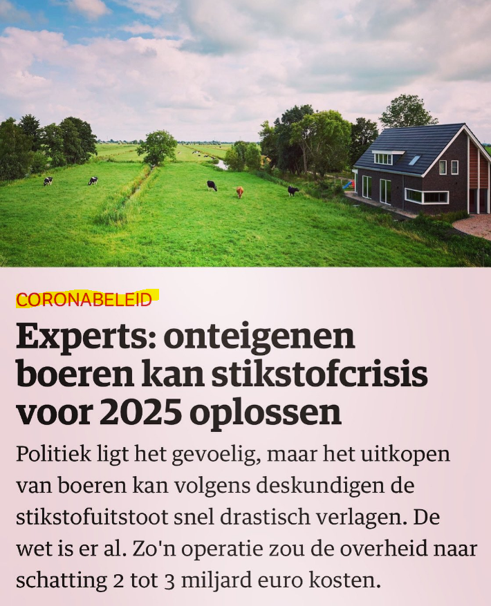 Valt dit nu ook al onder het Coronabeleid? En verder => donder op met die 'experts', die blijken keer op keer slechts naar hun eigen wensen toe te rekenen.  Boeren onteigenen ... dat is wel héél communistisch.