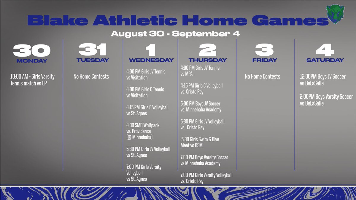 This week's Blake Bears home games! Come out and support the bears in their 2nd week of home contests! #GoBears!