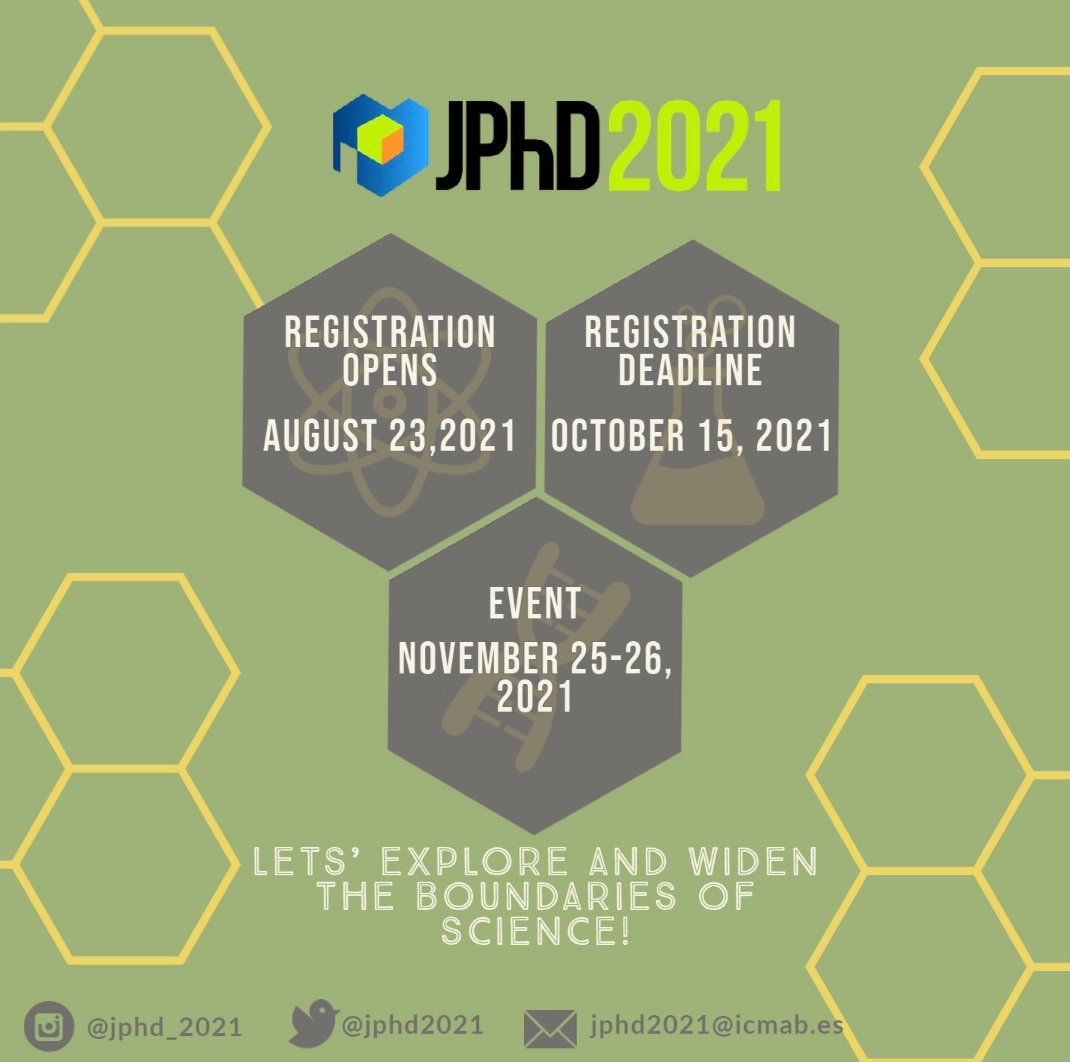 imb_cnm's tweet photo. Register for the @JPhD2021 in November!

The meeting will have presentations, poster session, workshops and scientific plenary talks.

📍 At the @FCienciesUAB.
👥 Organized by #PhD students at @icmabCSIC, @icn2nano, @Biociencies_UAB and #imb_cnm.
👉 https://t.co/neqo9EmtLQ https://t.co/j8ceuuHbHJ