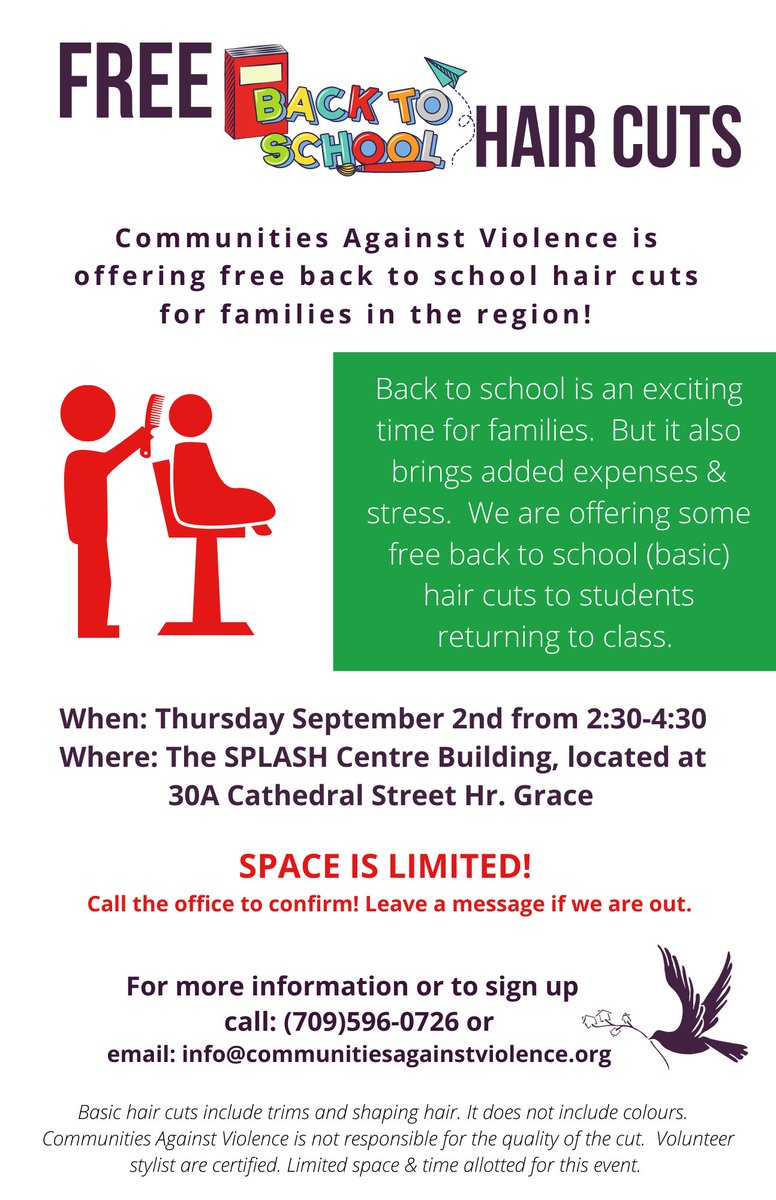 Free back to school hair cuts! See poster for details! Space is limited. Call to book! <a href="/nlnewcountry/">New Country NL</a> <a href="/townofhrgrace/">Town of Harbour Grace</a> <a href="/TownofCarbonear/">Town of Carbonear</a> <a href="/Town_BayRoberts/">Town of Bay Roberts</a> <a href="/SplashCentre/">Splash Centre</a>