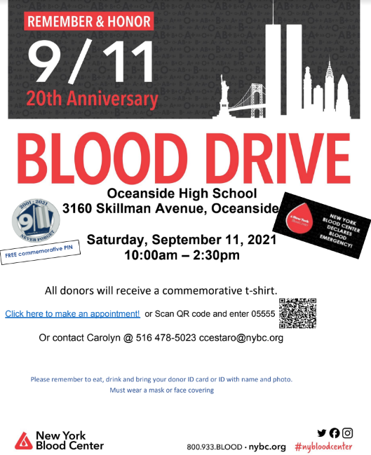 Mr. Zylbert (@mrzylbert) on Twitter photo What: Blood Drive
When: Saturday, 9/11
Where: OHS Auxiliary Gym
Why: A day of service honoring the lives lost on the 20th anniversary of 9/11
How: Sign up at donate.nybc.org/donor/schedule…
<a href="/osidekeyclub/">Oceanside High School Key Club</a> <a href="/OSchoolsPR/">Oceanside School District #OSD_NY</a> <a href="/NYBloodCenter/">NY Blood Center</a> <a href="/OHSSAO/">OHS Stdt Activities</a> <a href="/OceansideKiwans/">Oceanside Kiwanis</a> What: Blood Drive
When: Saturday, 9/11
Where: OHS Auxiliary Gym
Why: A day of service honoring the lives lost on the 20th anniversary of 9/11
How: Sign up at donate.nybc.org/donor/schedule…
<a href="/osidekeyclub/">Oceanside High School Key Club</a> <a href="/OSchoolsPR/">Oceanside School District #OSD_NY</a> <a href="/NYBloodCenter/">NY Blood Center</a> <a href="/OHSSAO/">OHS Stdt Activities</a> <a href="/OceansideKiwans/">Oceanside Kiwanis</a>