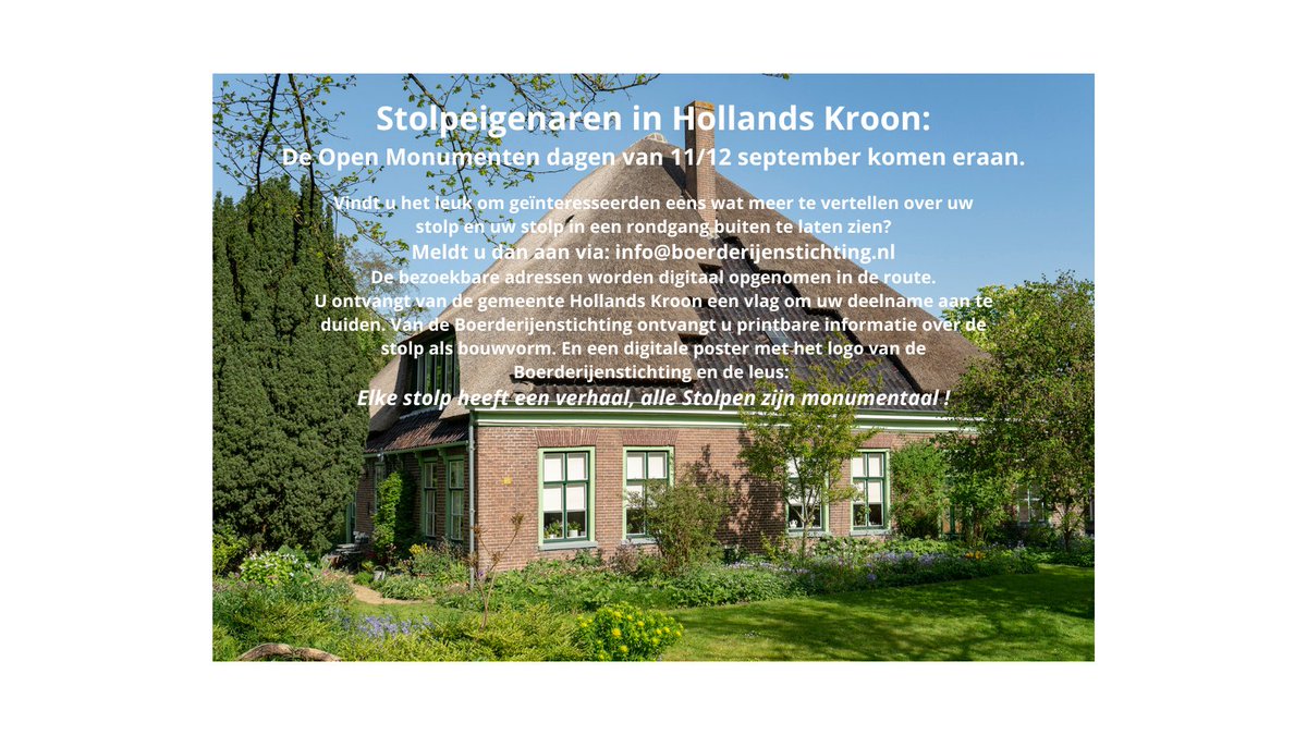 Oproep voor Stolpeigenaren in Hollands Kroon:
#hollandskroon, #stolpeninthepicture, #openmonumentendag