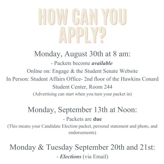 AUStudentSenate's tweet photo. Fall Election packets are now live! Packets are available through Engage, the Student Senate website, or on Room 244 in the Student Center. Visit our Engage for more information, and reach out if you have questions. We hope you can join us and become a voice of the student body! https://t.co/mnFLalb2Re