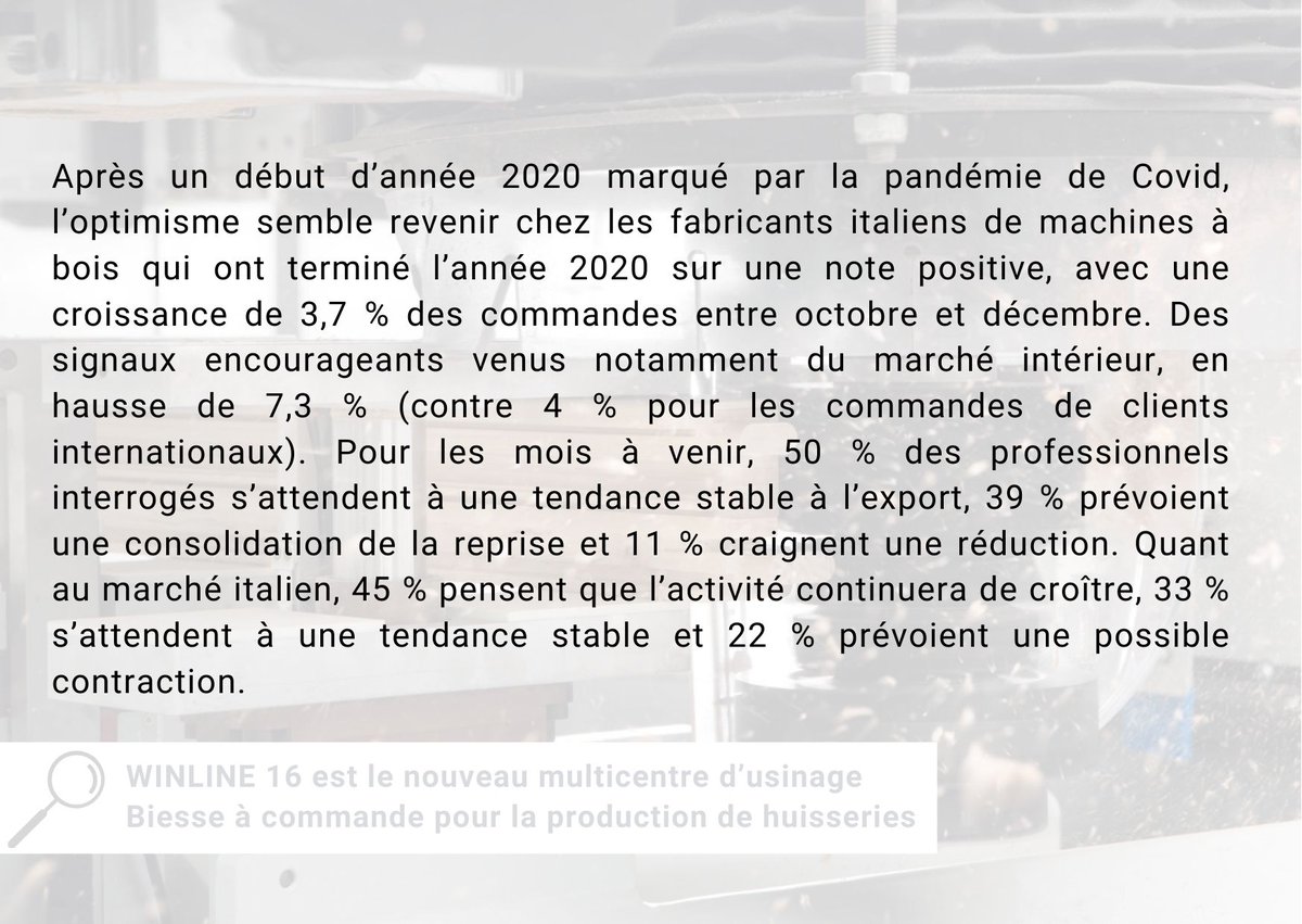 ⚙️#Equipement : Relatif optimisme pour la machine à bois italienne.
#machinebois #Construction  #bois @biessegroup