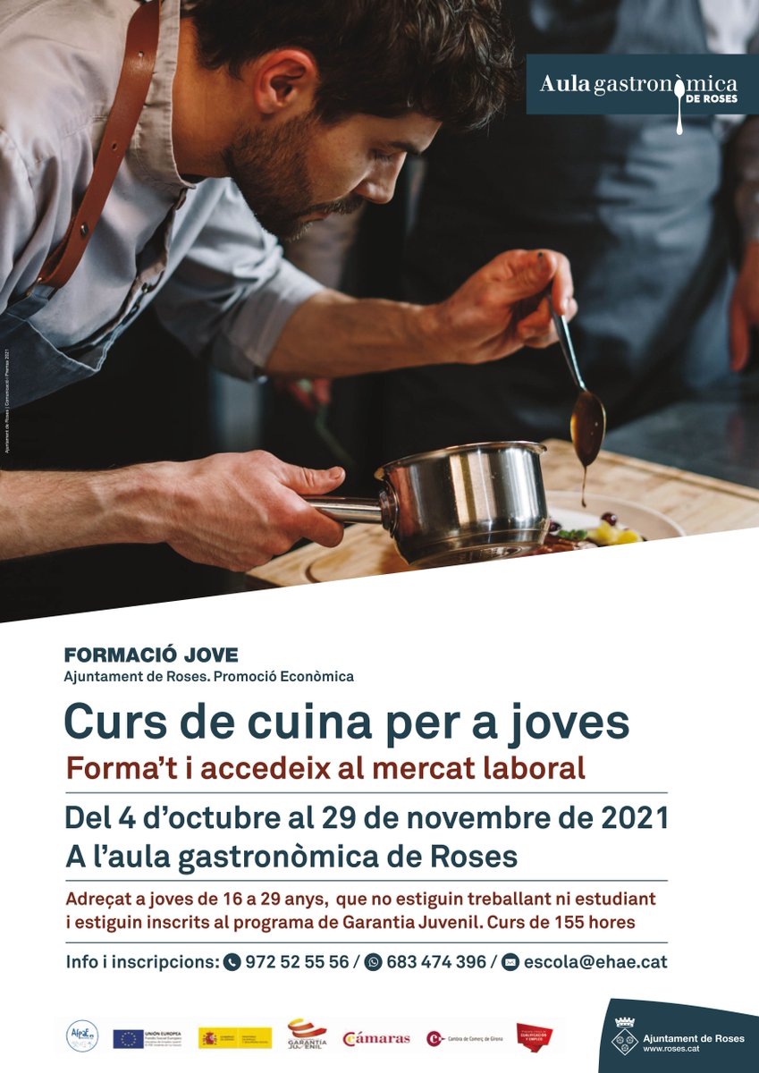 Nou curs de cuina per a joves de 16 a 29 anys inscrits a Garantia Juvenil 🍽️

📍 Durant la tardor del 2021 a la nova aula gastronòmica de Roses

Inscripcions aquí 👉 buff.ly/3jscq3B

➕ Més informació a <a href="/aehostaleria/">Hostaleria Alt Empordà</a>: 972 52 55 56 - 683 47 43 96 - escola@ehae.cat