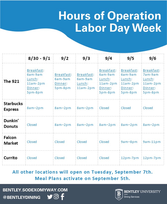 Hey Falcons! Here are our hours of operation for the week.

Meal Plans activate on September 5th!