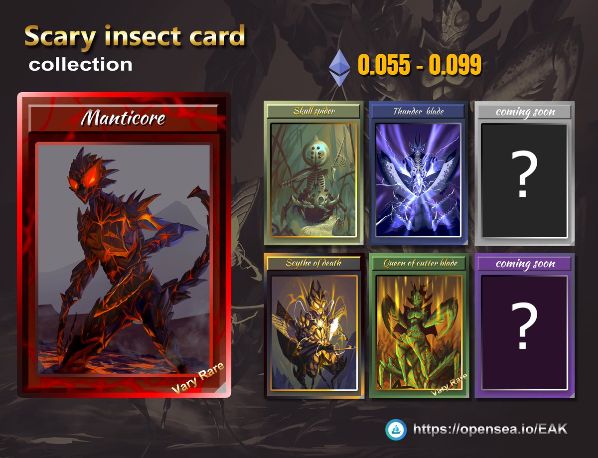 Dropped 5 new NFTs Scary insect card collection. Hope you like thank you.
opensea.io/EAK
#NFTART #nftartist #nfts #NFT #nftcommunity #nftcollector #nftdrop #nftcollection  #nftartist #nftthailand