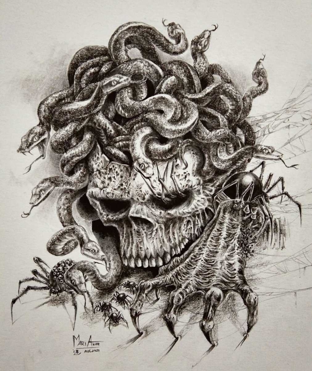 Cmariakhe's tweet photo. -MEDUSA- finished tonight. Charcoal + 8B pencil. Credit for Jake Anthony LaCava  was giving me great idea on the spider webs 😘 https://t.co/ZZzxXkREMK