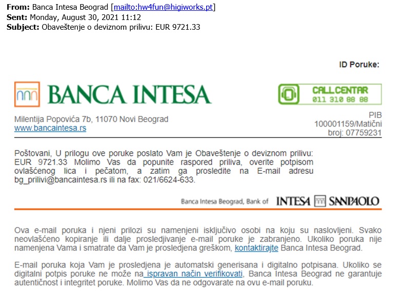 banca_intesa's tweet photo. VAŽNO OBAVEŠTENJE 

Obavešteni smo da je nekoliko naših klijenata dobilo imejl poruku sa malicioznim linkom u prilogu, a koju je navodno poslala Banca Intesa. https://t.co/ogHSv1Uq7k