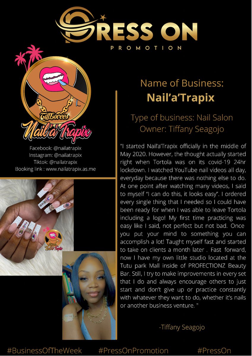 PressOnPromo's tweet photo. This week’s business of the week is Nail’a’Trapix ! This business is operated  by Tiffany Seagojo. Although this business is based in St. Thomas, it operates within the BVI from time to time.
.
#PressOn #PressOnPromotion #BusinessOfTheWeek #POP https://t.co/gCMdY3iGBg