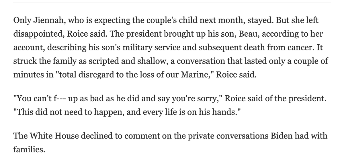 AlexThomp's tweet photo. A Biden meeting w/ the pregnant widow of one of the dead Marines didn't go well
"It struck the family as scripted and shallow, a conversation that lasted only a couple of minutes.."

https://t.co/XTYDG5saMV https://t.co/LxDyoZrXy4