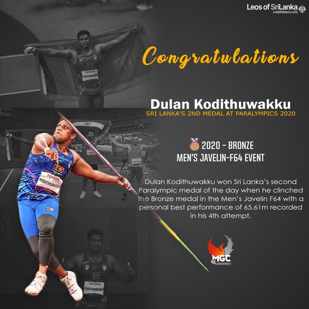 MGC_leos's tweet photo. Congratulations to Paralympian Dulan Kodithuwakku for Winning a bronze medal in the Men’s Javelin Throw F64 event at the Tokyo 2020 Paralympics.

#MGCleos #306C2leos #LeosOfSriLanka #ProudLeo #LionsClubs #DulanKodithuwakku #Tokyo2020 #Paralympics2020 #Javelin #SriLanka #lka https://t.co/S2VhihUSBI