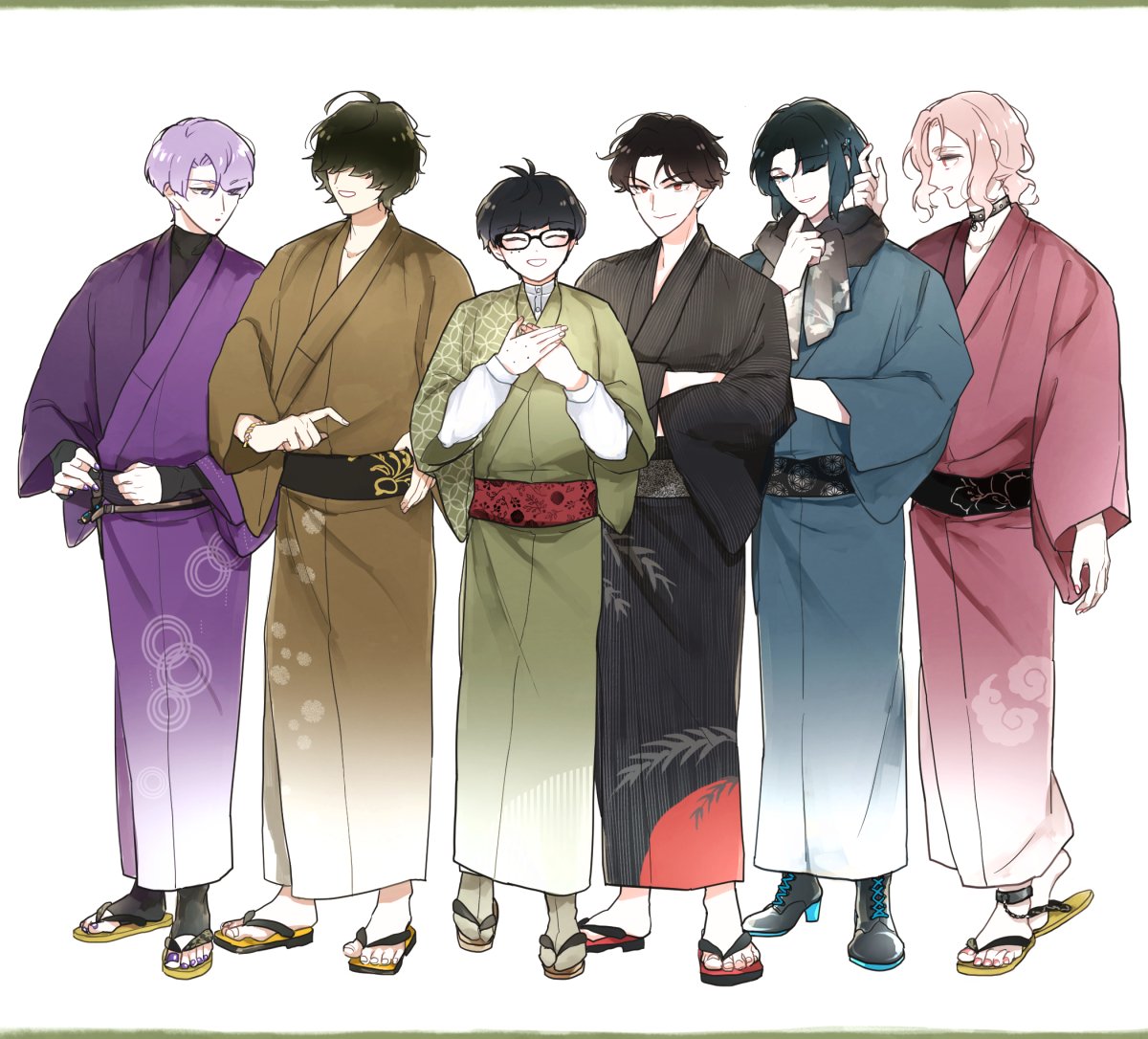 japanese clothes multiple boys male focus pink hair kimono black hair glasses  illustration images
