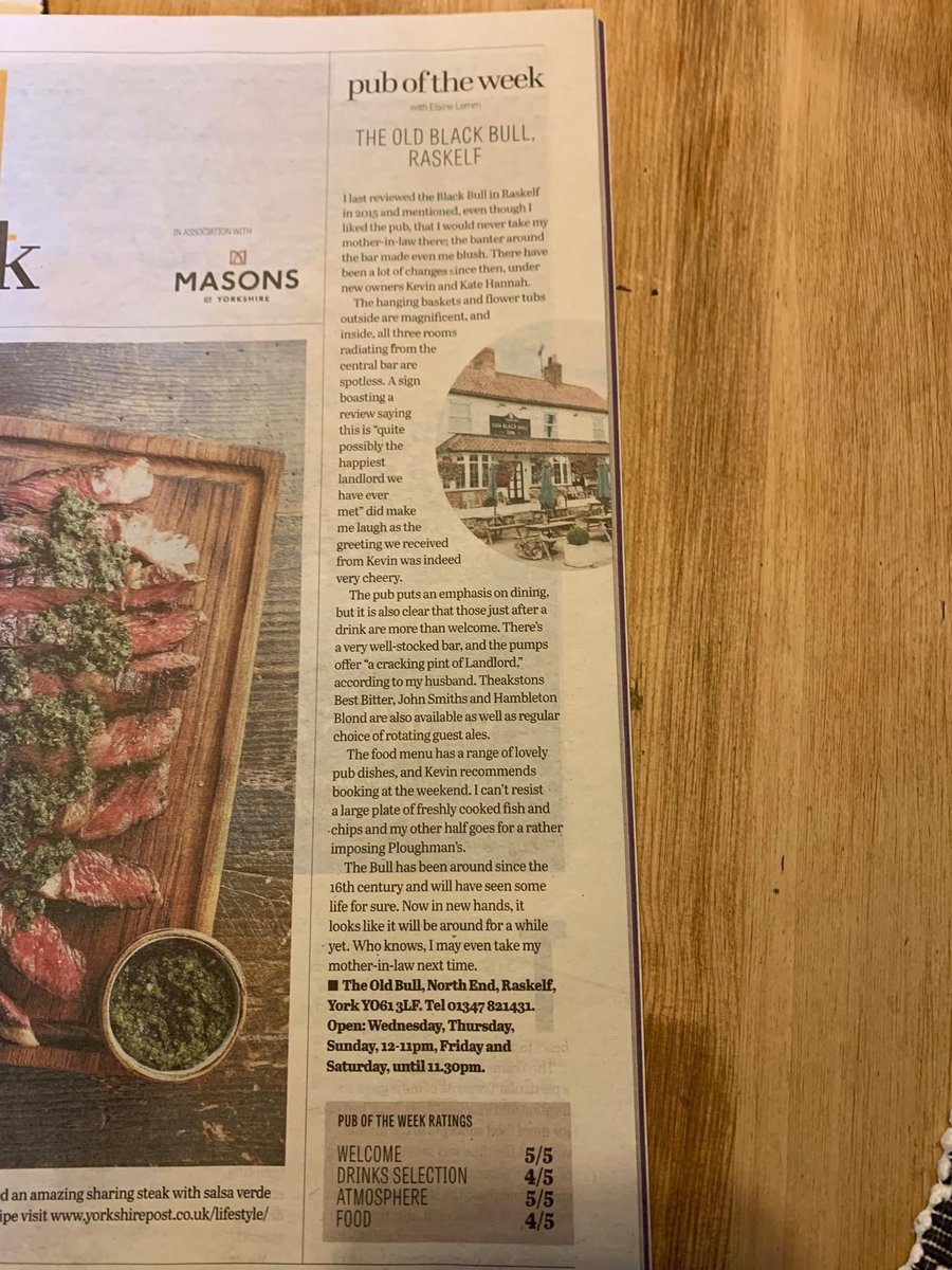 Thank you @yorkshirepost , we’re very honoured to be your “Pub of the Week” 

Thank you for the unexpected review 😁 🥂 

#reviews #puboftheweek #yorkshirepost #oldblackbullraskelf #foodie #foodblogger