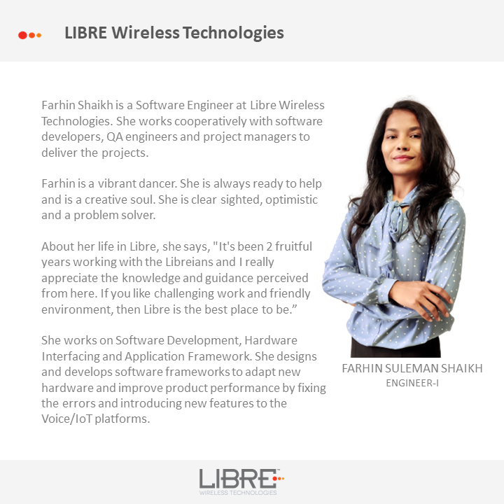 LibreWireless's tweet photo. Here is Farhin Shaikh, working with Libre happy and satisfied. Farhin Shaikh #libre #libreian #iot #engineer #appreciationpost #cloud #voice #best #best #global #performance #Software #Engineer https://t.co/2aSqprZTr4