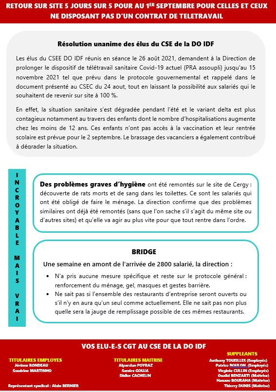 CgtTelecomParis's tweet photo. #Orange #DOIDF #PassSanitaire 
Un CSE convoqué exclusivement sur le pass sanitaire. Aucun document et aucune présentation de la direction.
Les élus ont tout de même abordé le retour sur site qui concerne l’ensemble des salariés. 
https://t.co/z0xCwlUuVP https://t.co/zT3aacj2Pa