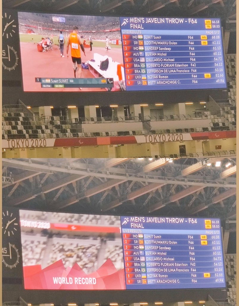 TweetsOfSunil's tweet photo. 2️⃣ WORLD RECORD THROWS! 

#IND's Sumit Antil breaks the WR with a 66.95m throw and then breaks it again with 68.08m attempt in the Men's Javelin F64 final! 🔥

#Paralympics #Tokyo2020 #ParaAthletics #SumitAntil https://t.co/FONSM9kgqh