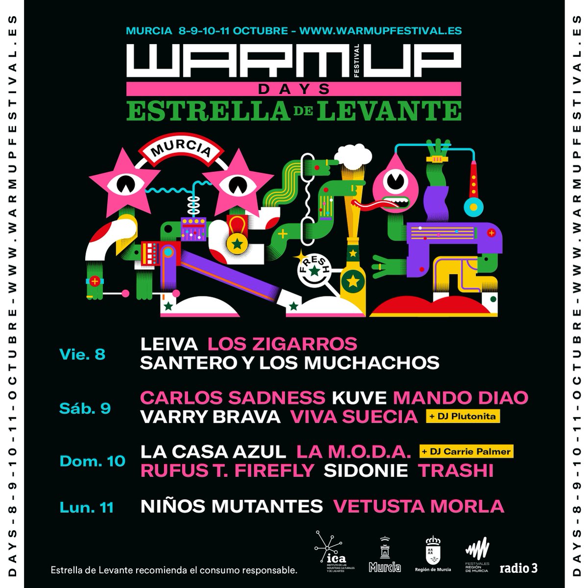 ¡BIENVENIDOS #WARMUPSDAYS! 

Nos vemos en #LaFica del 8 al 11 del Oct de 2021.
👉 Entradas a la venta mañana 31/08 
👉 Los abonos del #warmupfestival son independientes a este ciclo, estos será válidos para 2022 sin necesidad de hacer ningún proceso.

¿Qué os parece el cartel?