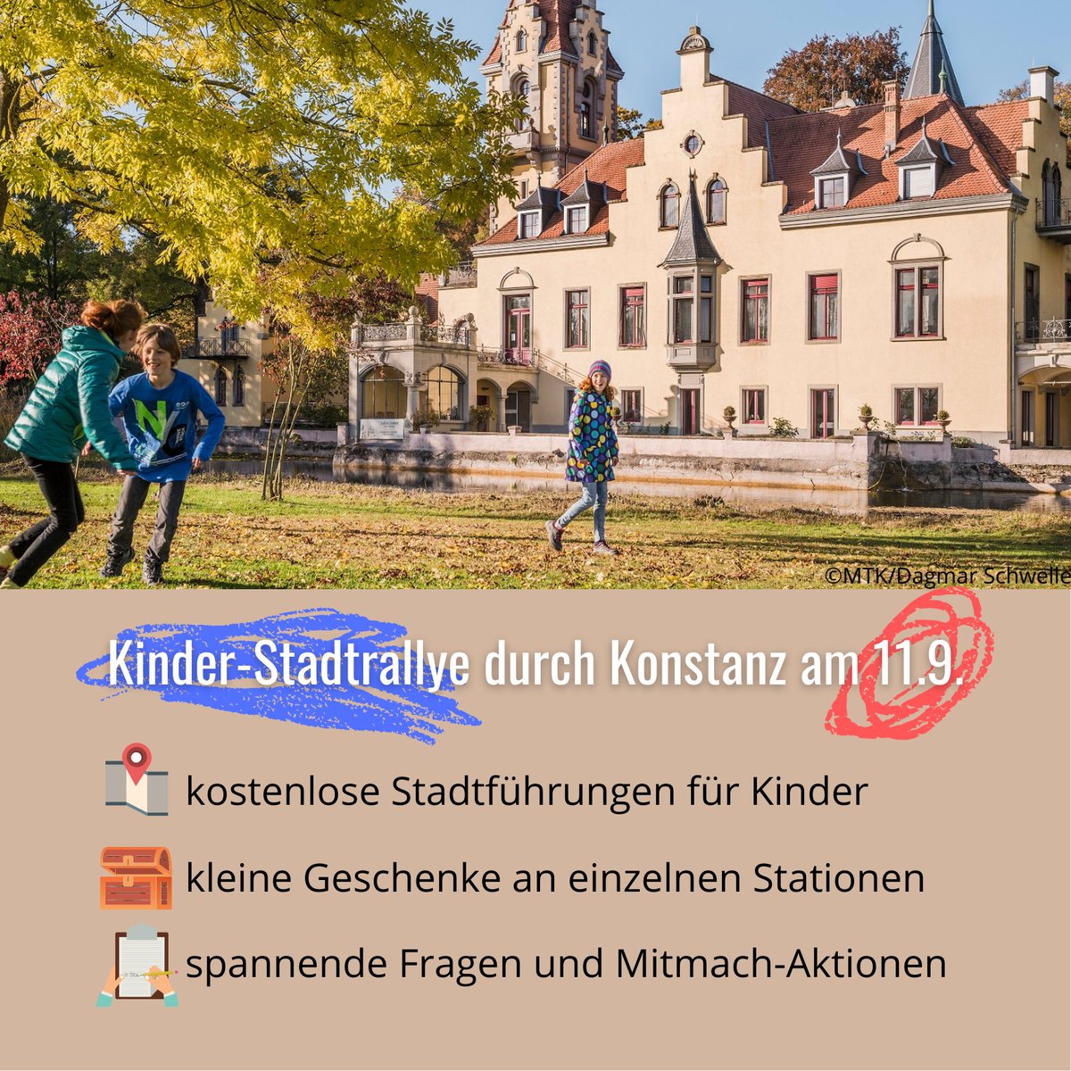 Nächsten Samstag, 11. September, findet das "kKinderfest mal anders" statt: Mit kniffligen Rätseln, spannenden Fragen, Mitmach-Aktionen und mehr geht's von 11 bis 17 Uhr quer durch #Konstanz. 
Alle Infos findet ihr hier: konstanz-info.com/kinderfest