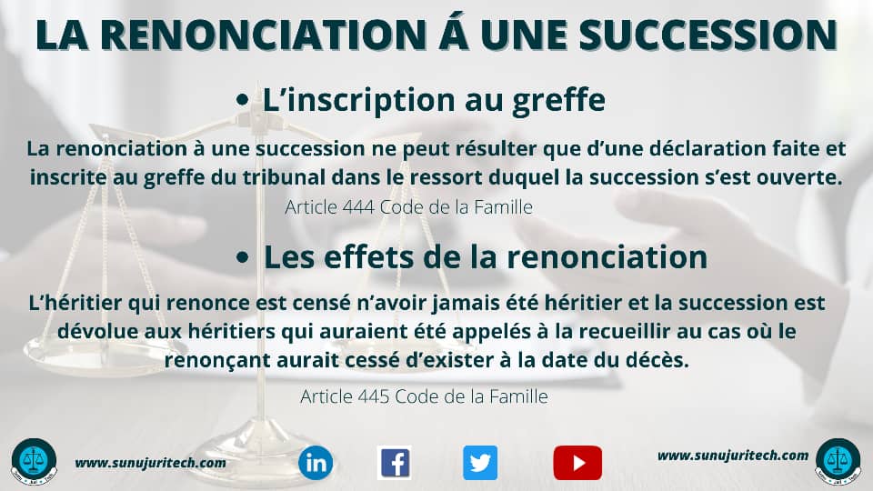 sunujuritech's tweet photo. Bonjour chers internautes.
SUNUJURITECH reprend sa rubrique notes juridiques après une pause.
Vous allez découvrir une série de notes juridiques en matière de droit de la famille.
Aujourd'hui nous nous intéressons à la renonciation à une succession.
Bon début de semaine! https://t.co/gHOXZuHV04