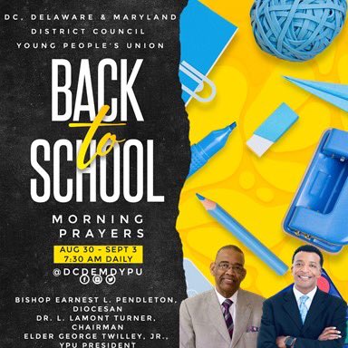 DCDEMDYPU's tweet photo. School is now in session! The DC, DE and MD District Young People’s Union will be having a daily prayer for our students and school staff for the upcoming school year. Tune in to see our local youth leaders lead our students and school staff in prayer. #dcdemdypu22 #connect https://t.co/gVwbwRAnmZ