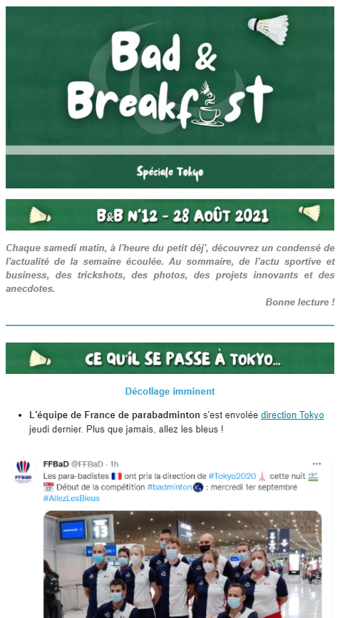 Vous aimez le #badminton ? Vous allez adorer Bad&amp;Breakfast, le récap hebdomadaire de l'actualité autour du volant 🏸😎
Cette semaine, nous avons évidemment fait la part belle aux #JeuxParalympiques ! #Tokyo2020 

Pour vous abonner, cliquez ci-dessous ⬇️
bit.ly/3DtFwYr