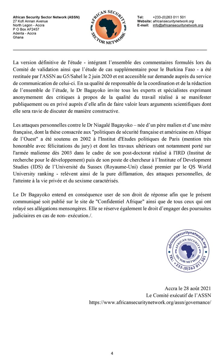 ASSN_Africa's tweet photo. Réponse de l’African Security Sector Network (Réseau Africain du Secteur de la Sécurité) aux propos diffamatoires tenus à l’encontre de sa Présidente, le Dr @NiagaleBagayoko par le site @ConfidentielAfr 

A lire ici : https://t.co/akks9NIKmg #ASSN #G5Sahel https://t.co/wbbrj6Ju3b