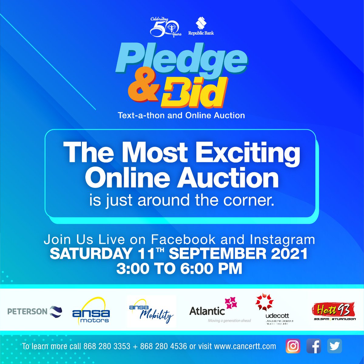 republicbanktt's tweet photo. We're once again excited to partner with the Trinidad and Tobago Cancer Society as they unveil a well-rounded collection of attractive items at the 'Most Exciting Online Auction'
You don't want to miss this!!!
#SaveTheDate #TTCS #PledgeandBid #OnlineAuction #Cancer https://t.co/g1gLREYwmC