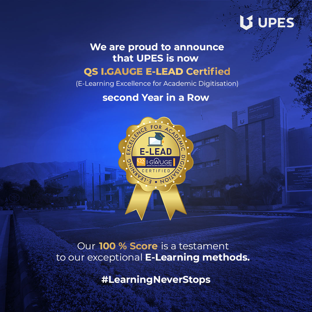 UPESDehradun's tweet photo. UPES is exhilarated to have received 100% score in QS-IGauge’s E-Learning Excellence & Academic Digitization (E-LEAD) Certification, 2nd year in a row. With universities resorting to online learning, we're proud to be recognized for efforts towards ensuring #LearningUninterrupted https://t.co/6B6DkV58by