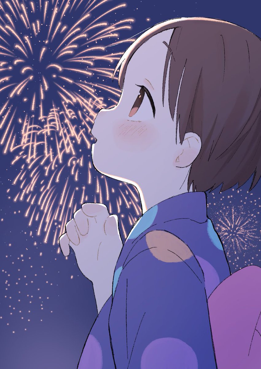 1girl japanese clothes kimono solo fireworks brown hair short hair  illustration images