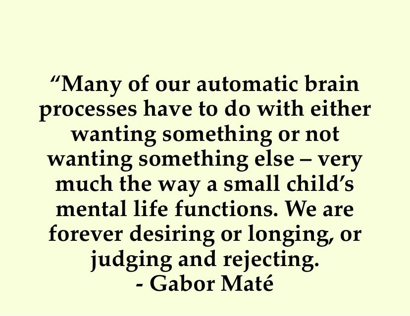 @habilis123 @iVote4USA @HunterJCullen “Many of our automatic brain processes have to do with either wanting something or not wanting something else – very much the way a small child’s mental life functions. We are forever desiring or longing, or judging and rejecting.”
⁃Gabor Maté