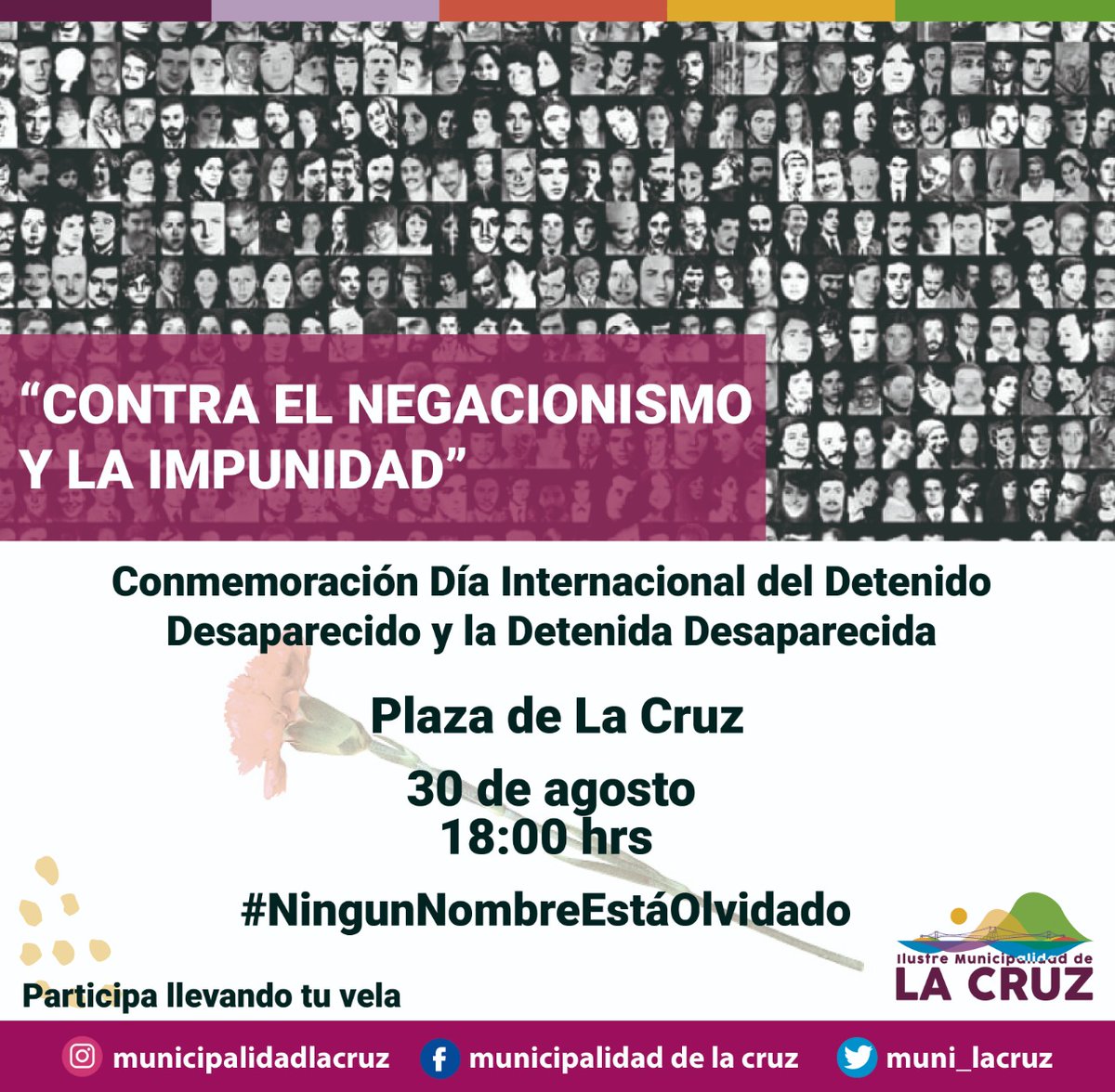 Con el silencio de la pena y el compromiso sagrado de seguir luchando por la mismas causas e ideales que ellas y ellos.
Hoy conmemoramos el dia del detenido(a) desaparecido(a).
Para que nunca más!!!
Actividades conmemorativas en las comunas de #LaLigua y #LaCruz