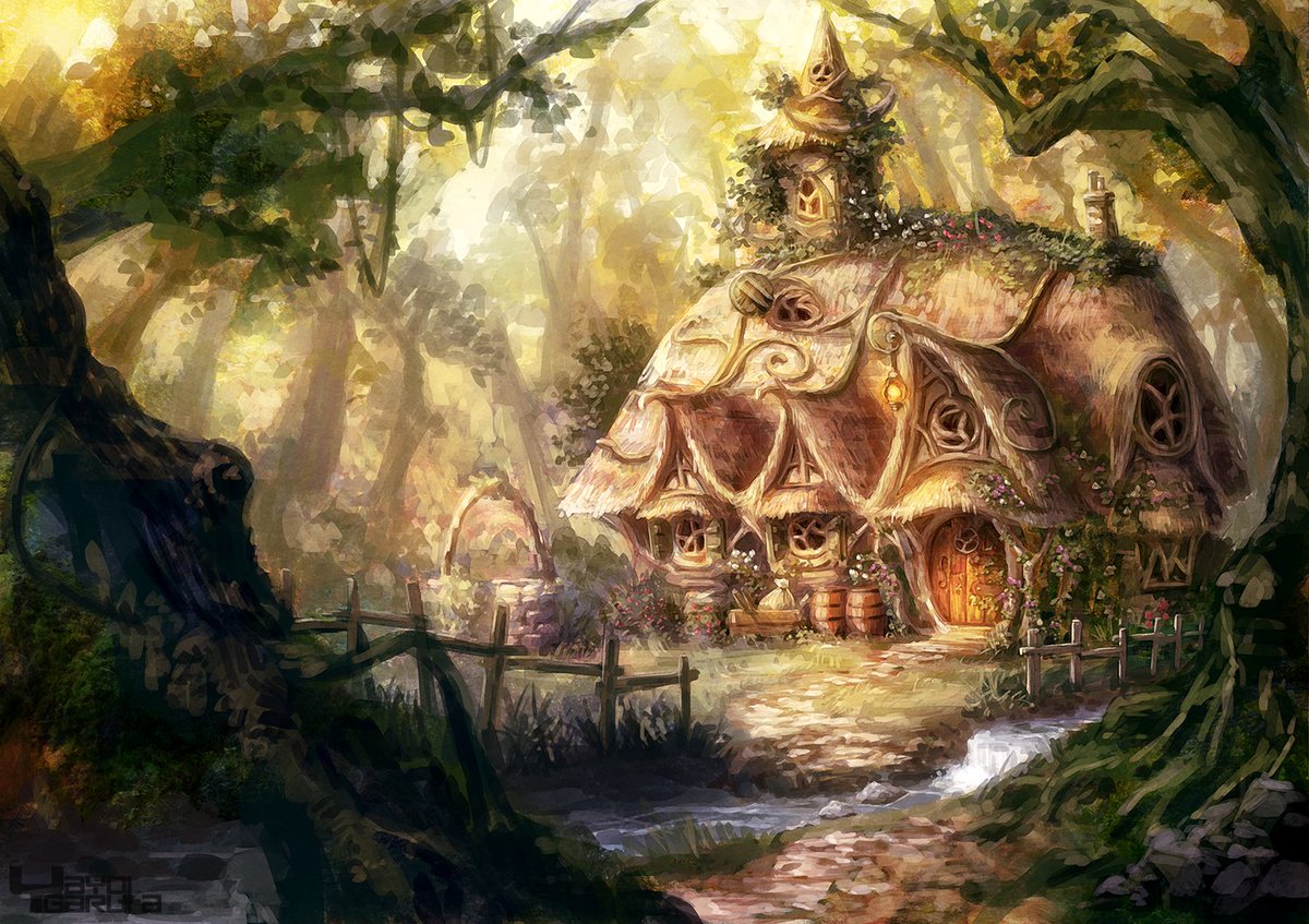 弥生がるた 魔女の庵 創作イラストです 森の奥深くに住む魔女の小屋のイメージです