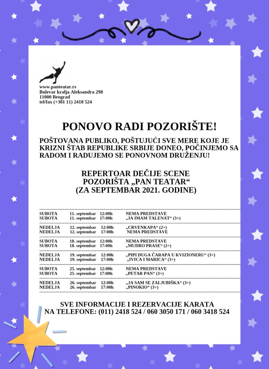 PTeatar's tweet photo. Pozorište počinje sa radom! 
Repertoar za septembar mesec je tu, dodjite da zajedno uzivamo u novoj sezoni i iznenadjenjima koje smo vam spremili!
Vaš Pan teatar🎭
#panteatar
#leto2021 #pozoristepanteatar #september #septembar  #pozoristezadecu #pozorište #decijepozoriste https://t.co/KzIABG9Qcf