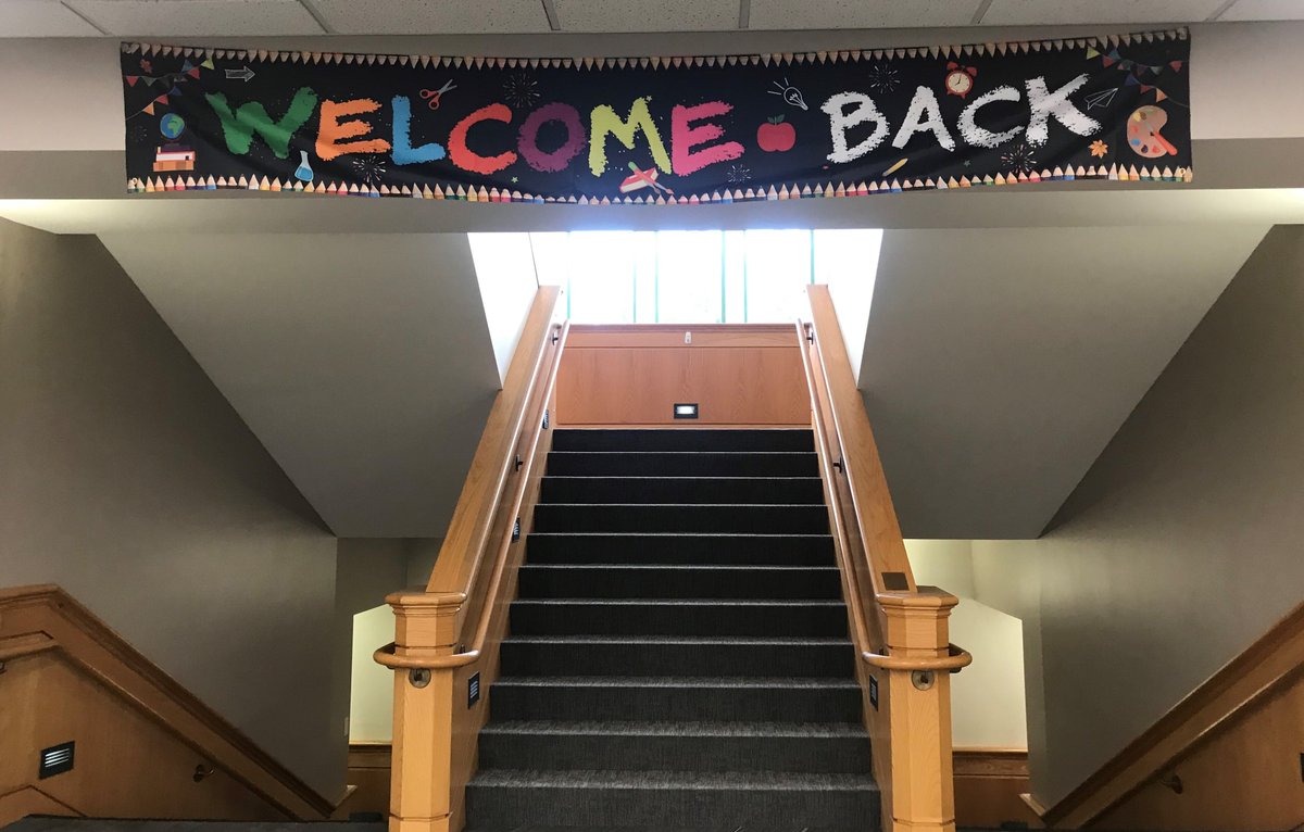 Welcome back!  We <a href="/ConnellyLibrary/">Connelly Library</a> are excited to see students in the chairs and on the stairs again!