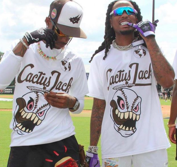 Daily Loud on X: Travis Scott & Quavo at James Harden's hoopers vs.  rappers softball game  / X