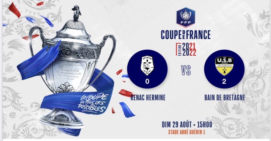 usbainfoot's tweet photo. 1er Tour de Coupe de France 29/08/2021 : 

Victoire de notre équipe sur le score de 2-0 ! 👏👏

Un résultat logique sur l’ensemble du match. 

Doublé pour Kevin BERTELOT ( 45’ et 85’ ) 👏👏

Rendez-vous dimanche prochain pour le 2ème Tour de Coupe de France ! 💪

#allezusb ⚫️🟡💪 https://t.co/wxFt7OYLAn
