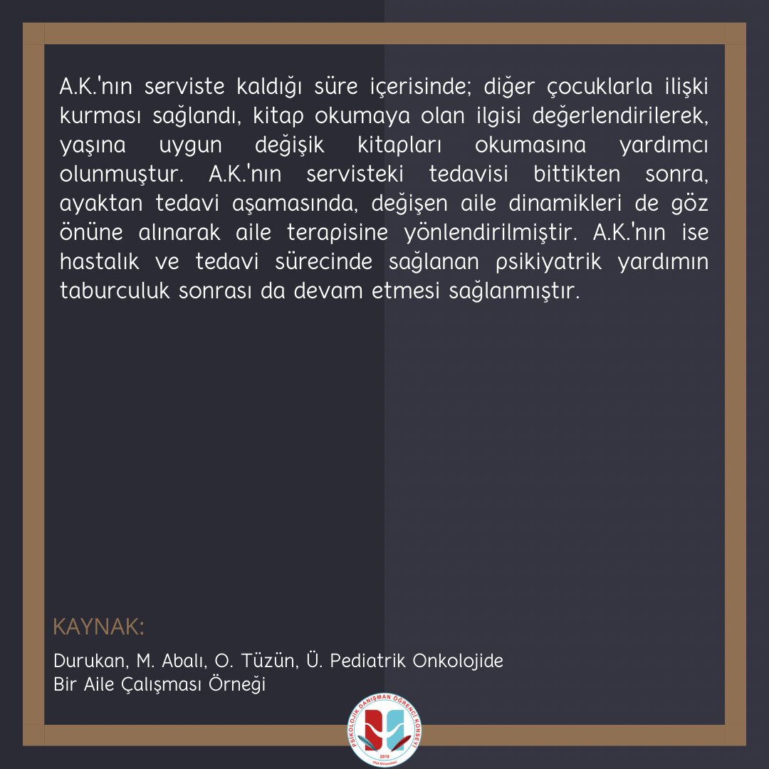 Merhabalar Pdok Ufuk Ailesi 🌼
✍🏻Vaka serimizde bu hafta pediatrik onkolojide aile çalışmasından bir örneği inceleyeceğiz.

✍🏻Vakamızın ve ailesinin geçtiği süreçleri gelin hep beraber inceleyelim.
<a href="/pdrogrencileri/">PDOK</a>