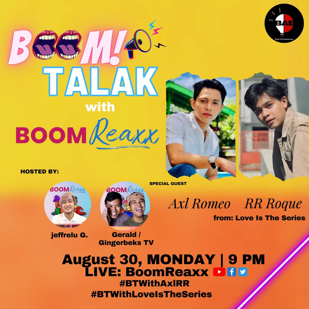 BrightA3_ph's tweet photo. Samahan niyo kami Live ang #AxlRR8 sa @BoomReaxx 9PM tonight @R3_Roque @axl_romeo #LOVEIS #ShakeTon https://t.co/iXHZ0aCzbB