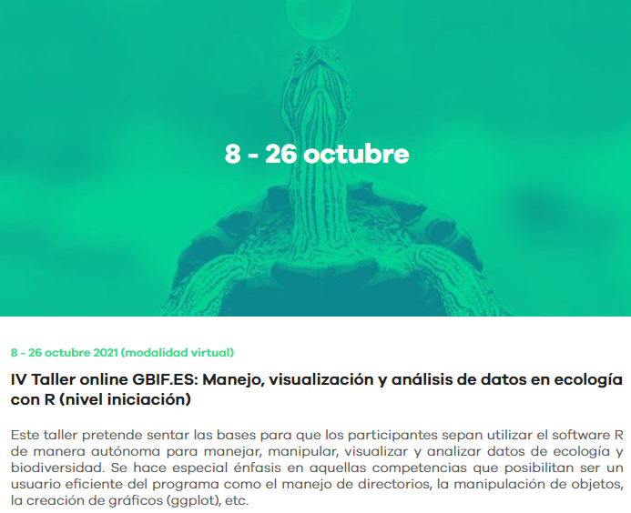 GbifEs's tweet photo. Abierto plazo de inscripciones para el #tallerRonline2021 (límite: 13 sept.)
Un año más, contaremos con la participación de @CitocromoB1 y @ChaconLabella para iniciaros en los entresijos del #softwareR
Más información en:
➡️ https://t.co/ttt5iO1UmJ
@DPE_CSIC https://t.co/IxDXniEQbO