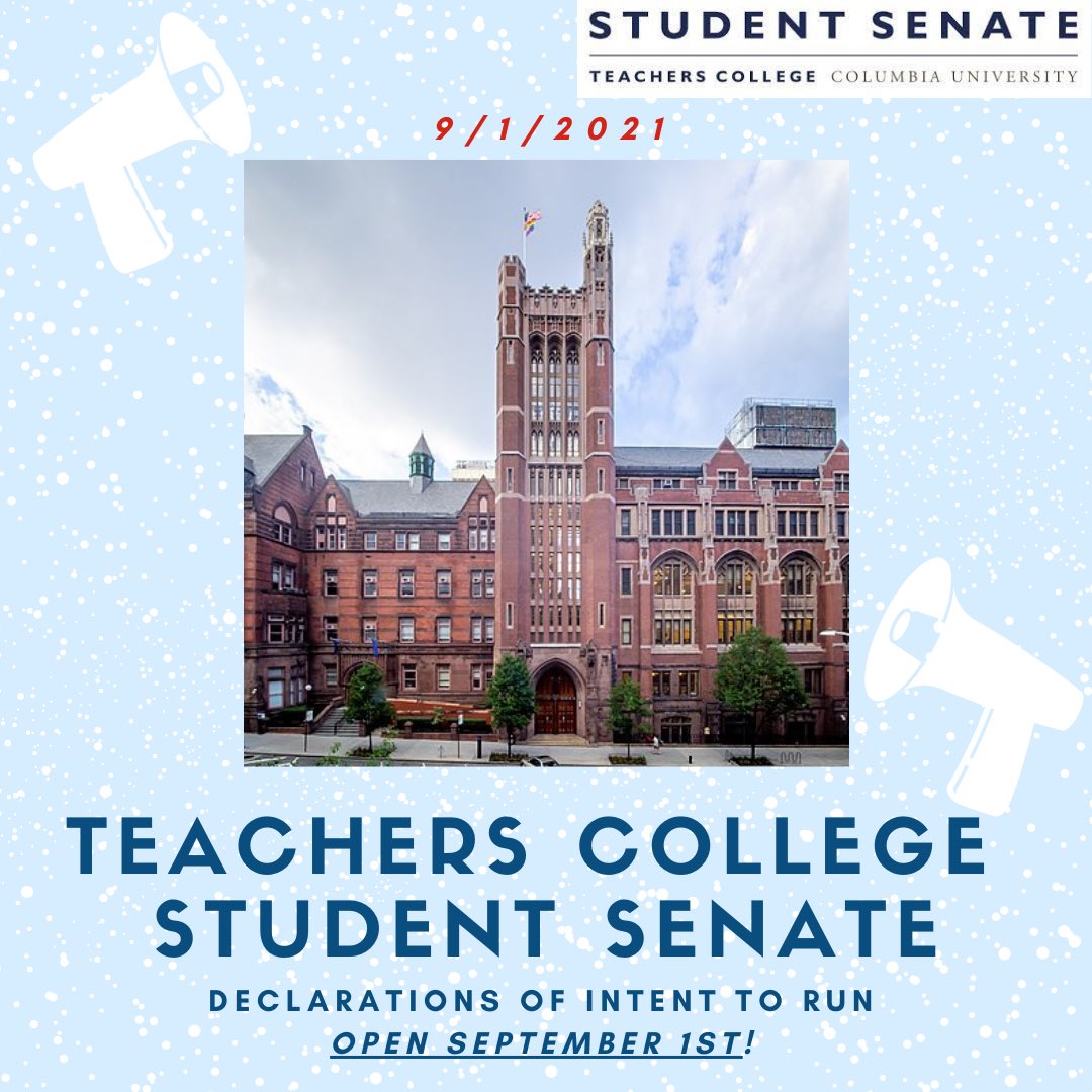 TCStudentSenate's tweet image. Declarations of Intent to run for a Senate position will open Sept. 1st and close on Sept. 10th. More info coming soon.

All Senator positions - department and specialty senators - are open for election. 

Reach out if you have questions (student-senate@tc.columbia.edu).