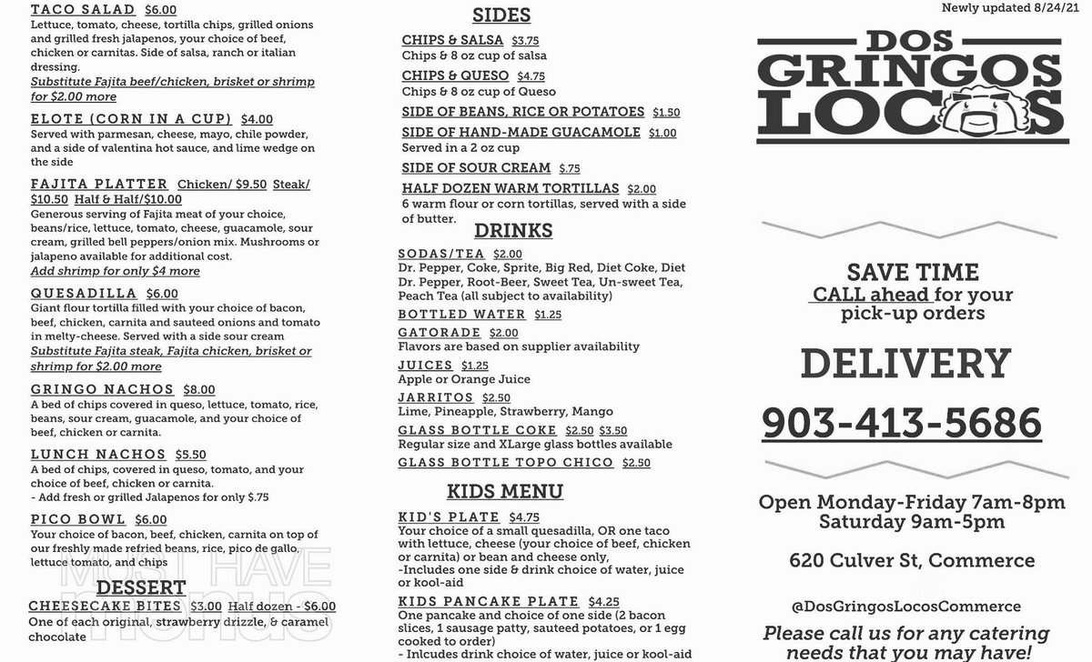 dos_food's tweet photo. Good morning!!! We wanted to share the updates Dos Gringos Locos menu. Please call (903) 413-5686 for pick up or delivery!! Full menu served all day long! https://t.co/5YdtqCT23s