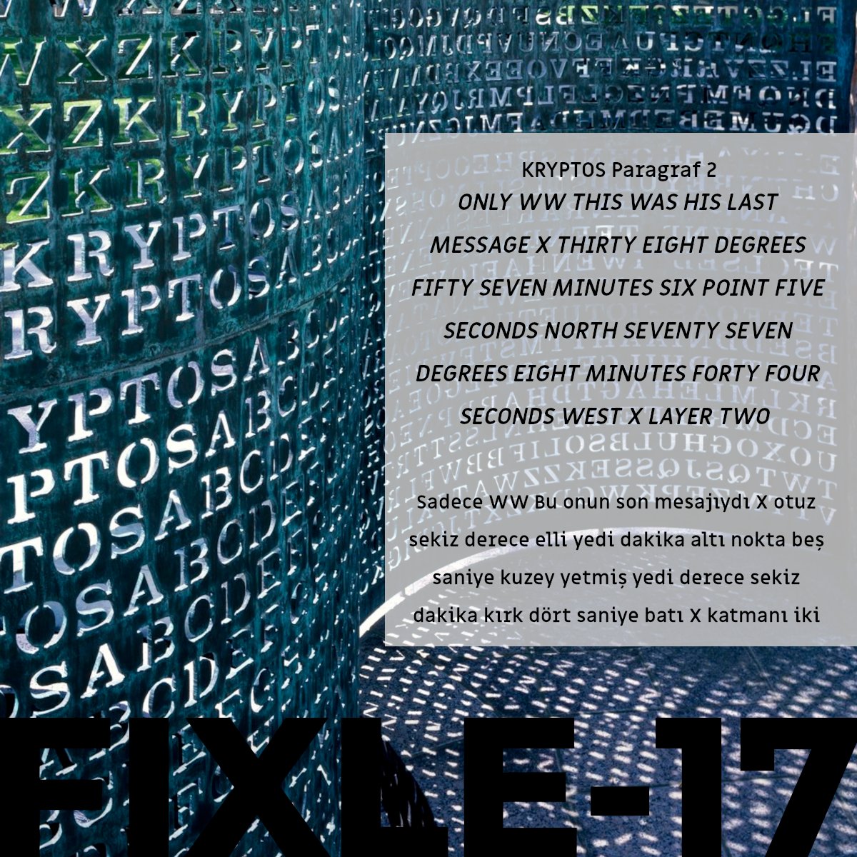 fixle17's tweet photo. CIA'de bulunan Kryptos heykelinin 2. paragrafının deşifrelenmiş hali...
#kriptoloji #sibergüvenlik #cia #kryptos #blokzincir #blockchain #btc #kriptopara #kriptohaberleri #teknoloji #teknolojihaberleri #istihbarat #bilim #teknoloji #fixle https://t.co/VCZCranpyG